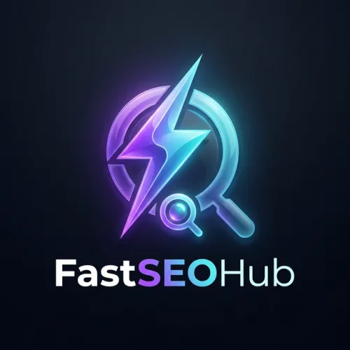 FastSEOHub Logo mit lila Blitz und blauem Magnifying Glass auf dunkelblauem Hintergrund