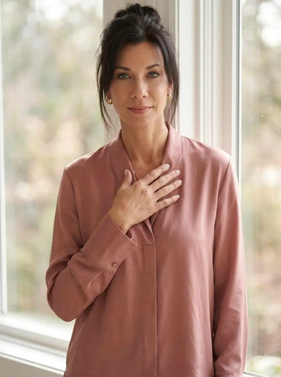Frau in rosa Bluse vor Fenster mit Hand auf Brust symbolisiert Atem, Ruhe und Nervensystem-Regulation