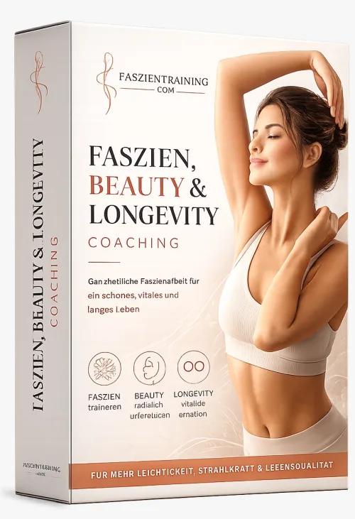 Produktverpackung mit Frau und Text zu Faszientraining Beauty Longevity Coaching