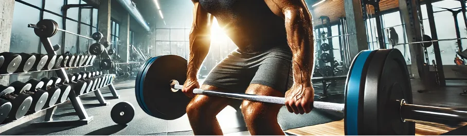 Fitness-Training im Studio: Athlet führt Langhantel-Übung durch mit modernem Gym-Equipment