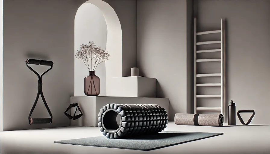 Faszientraining Ausrüstung Setup mit Foam Roller, Massage-Tools und Zubehör