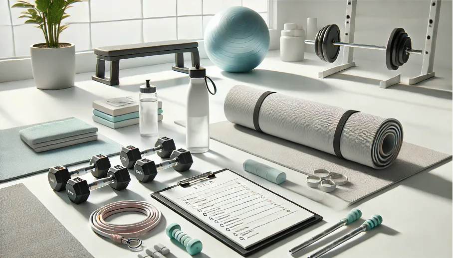 Professionelles Fitnessstudio Setup mit Trainingsmatte, Hantel, Stabilitätsball und Faszienrolle