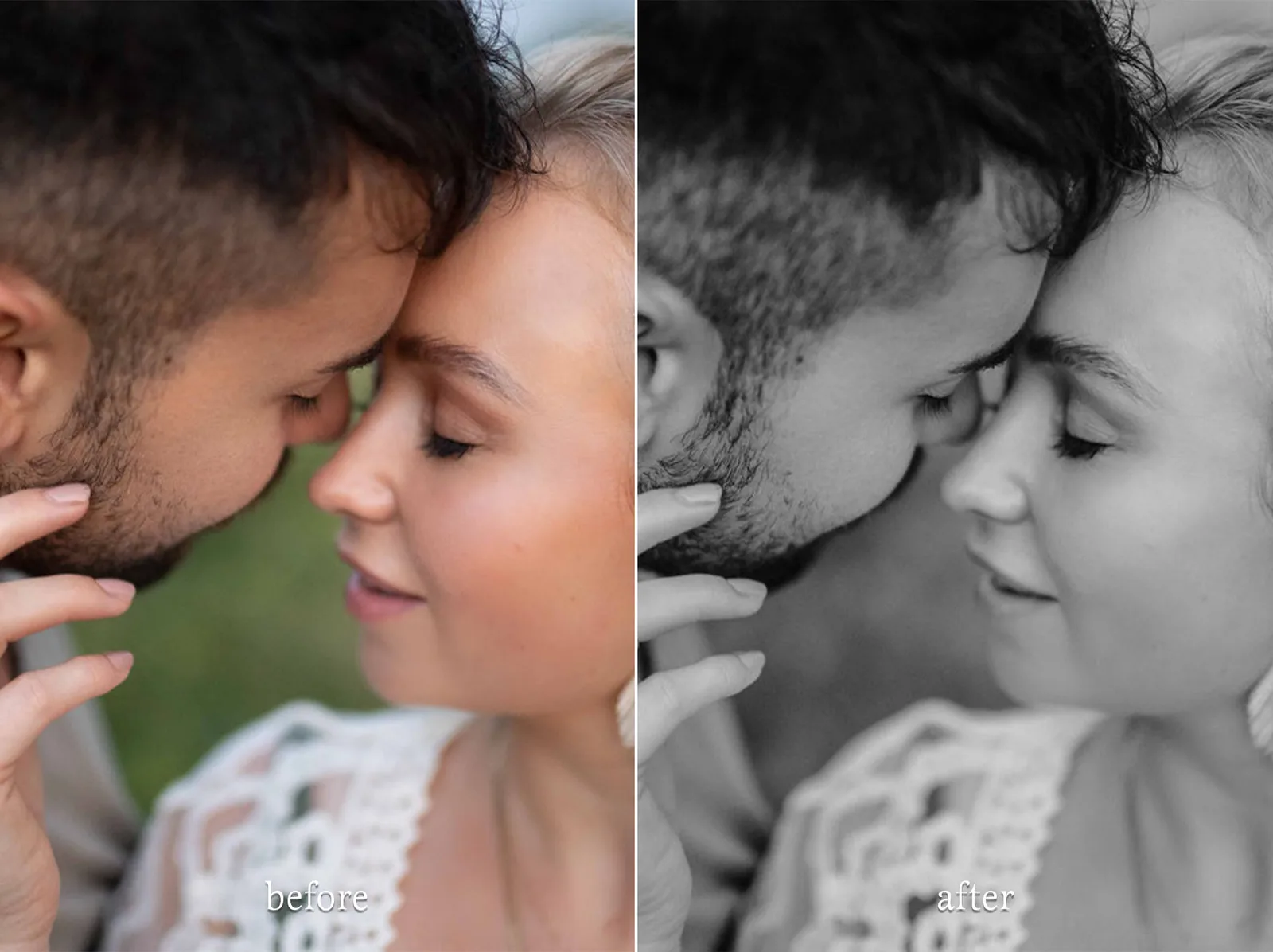Boho Lightroom Presets Hochzeitsfotograf – Vorher-Nachher Vergleich eines Paares, links in Farbe mit grünem Hintergrund, rech