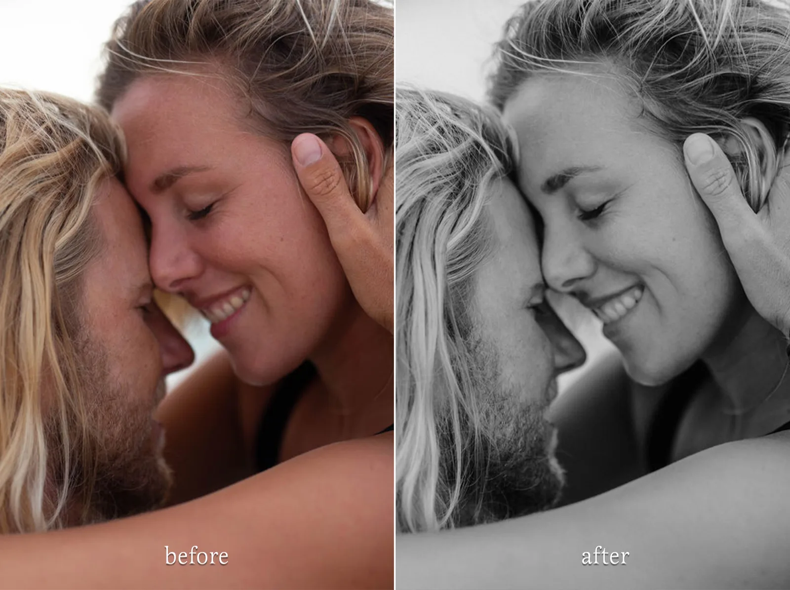 Vorher-Nachher Kuss-Detailaufnahme Brautpaar – Lightroom Preset Schwarzweiß-Vergleich