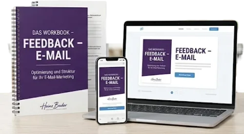 Workbook Feedback-E-Mail Mockup mit Laptop, Smartphone und Spiralblock