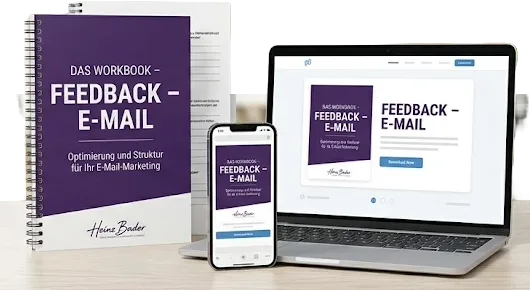 Workbook Feedback-E-Mail mit Laptop und Smartphone, spiralgebundenes Buch mit lila Cover