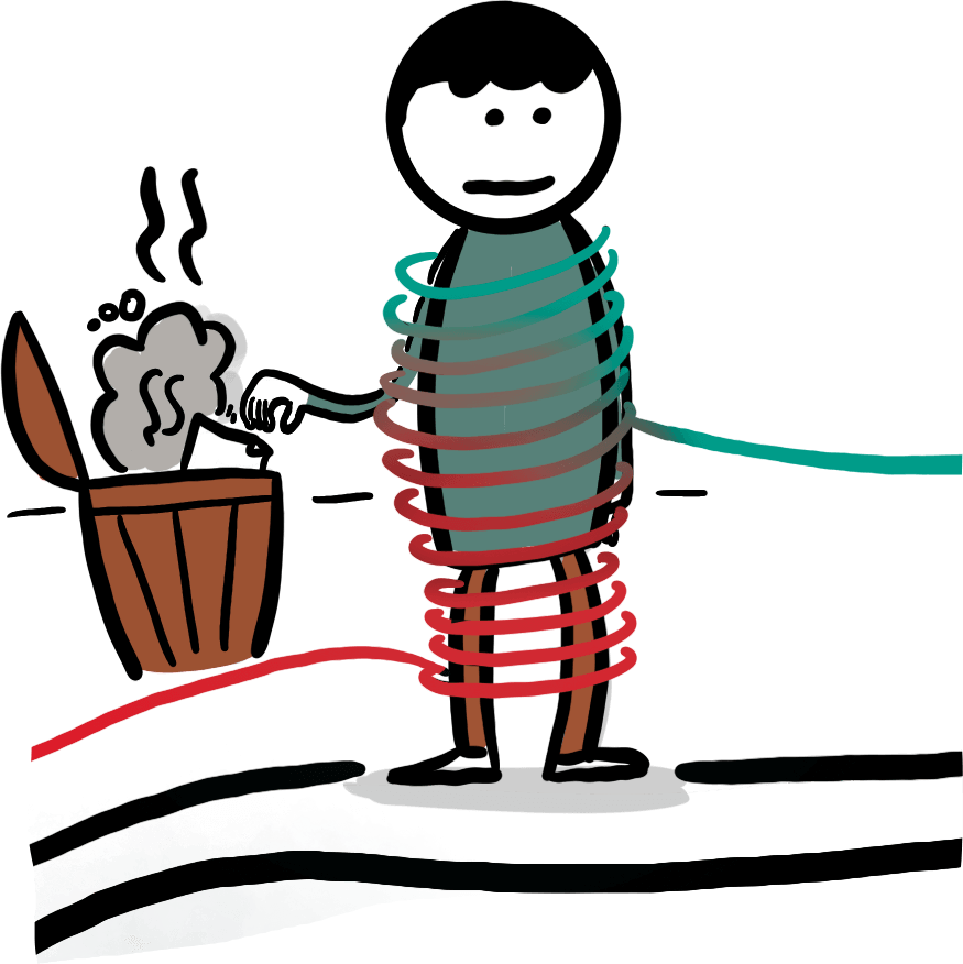 Illustration lebenABwickeln mit Person und farbigen Spiralbändern in Türkis und Rot