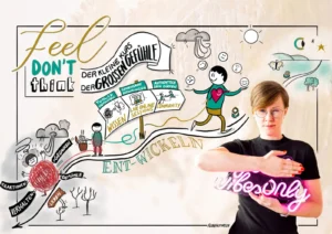 Kursübersicht Feel – Don't Think mit Illustration einer Person und Sketchnotes zu Gefühlen und Entwicklung