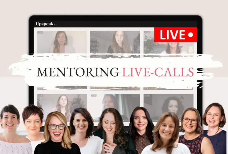 CopeCart Hero-Banner mit Mentoring Live-Calls, Upspeak-Plattform und zehn Frauen in professionellem Setting