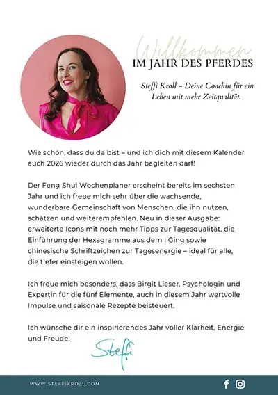 Zweite Seite des Planers mit Willkommen-Gruß von Steffi Kroll und Informationen zum Kalender