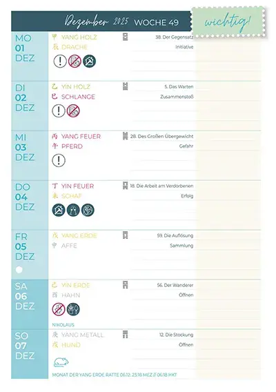 Beispielseite aus dem Feng Shui Wochenplaner mit Dezember Woche 49 und täglichen Energiequalitäten
