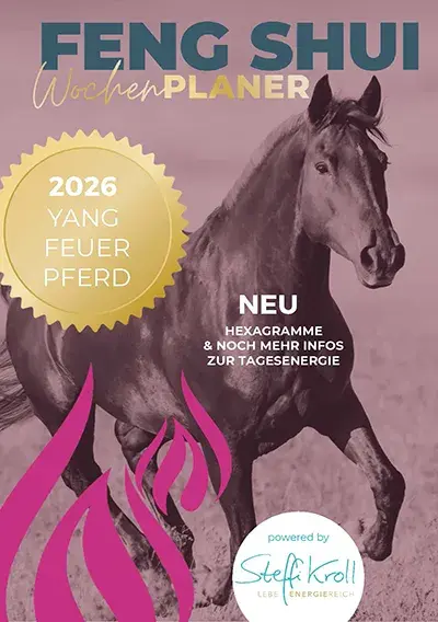 Cover des Feng Shui Wochenplaners 2026 mit Pferdemotiv und Yang Feuer Pferd Badge