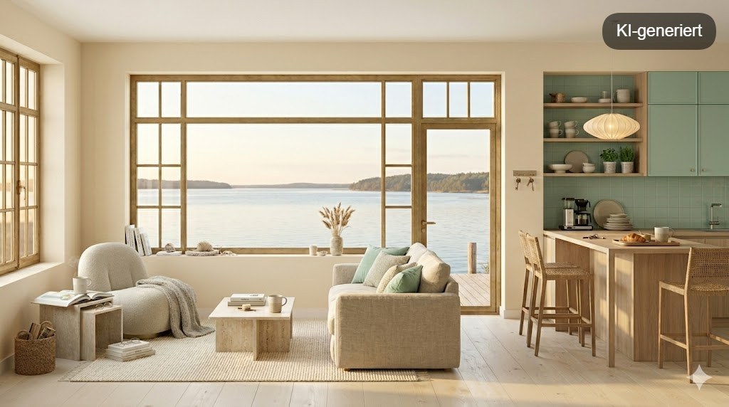 Modernes Wohnzimmer mit Seesicht, hellen Möbeln und offener Küche im skandinavischen Stil