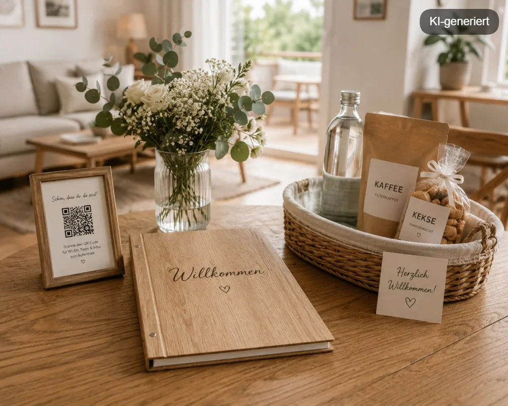 Willkommensset auf Holztisch mit Gästemappe, QR-Code, Blumenvase und Willkommenskorb mit Kaffee und Gebäck