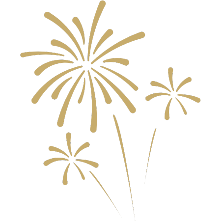 Drei stilisierte Feuerwerk-Blüten, goldene Linienzeichnung