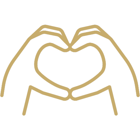 Zwei Hände formen ein Herz-Symbol, goldene Linienzeichnung