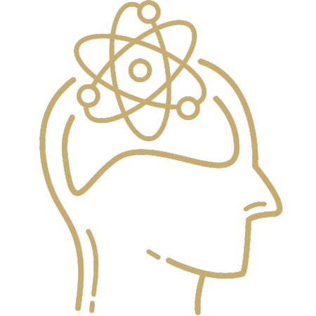 Lineares Symbol eines Kopfes mit Atom-Symbol, goldene Linienzeichnung