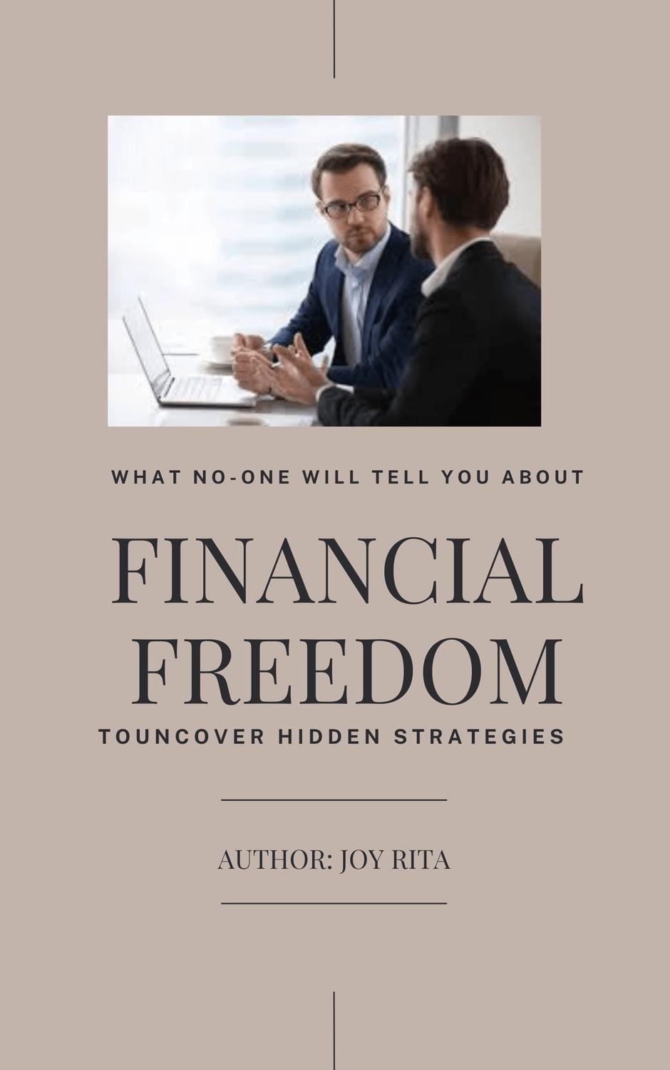 E-Book-Cover Financial Freedom mit zwei Geschäftsmännern am Laptop, vertikales Format