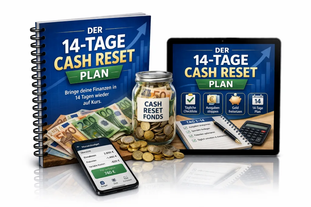 Mockup von Buch, Tablet und Smartphone zeigt 14-Tage Cash Reset Plan mit Finanz-Dashboard und Checkliste