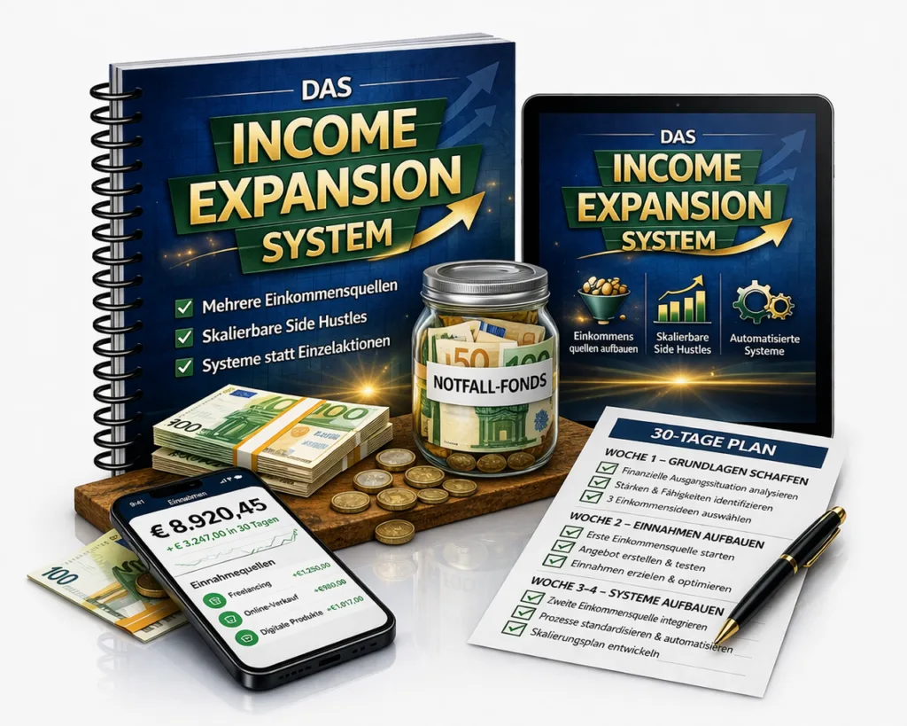 Spiralgebundenes Buch mit Tablet und Smartphone zeigt Income Expansion System mit Multiple Income Streams und 30-Tage-Plan