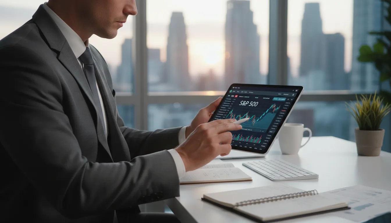 Geschäftsmann analysiert S&P 500 Finanzcharts auf Tablet im Büro