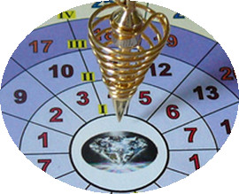 Pendel über blauem Rad mit Zahlen und Diamant-Symbol in der Mitte