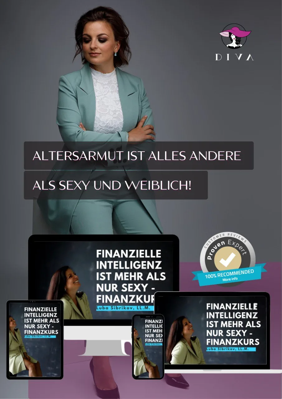 Online Kurs Hero-Bild Finanzielle Intelligenz mit Luba Sibrikov in türkisem Blazer und Motivationstext