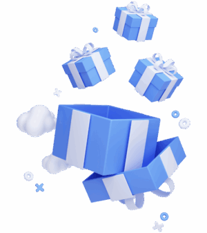 Hero-Illustration Finanzwissen Masterkurs mit blauen Geschenkboxen und Wolken