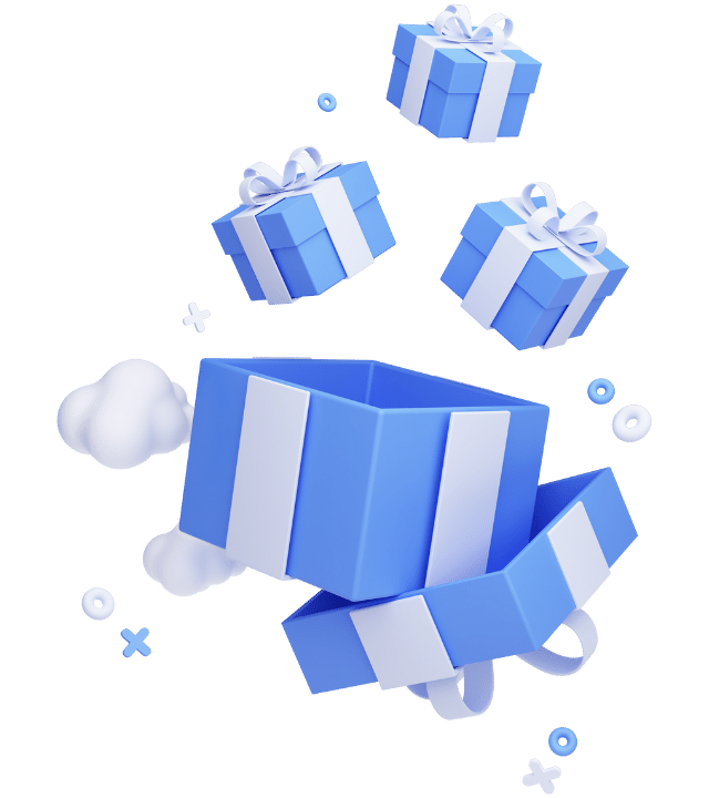 Finanzwissen Masterkurs – Videotraining zu Geldanlage und Börse 1 Hero-Illustration Finanzwissen Masterkurs mit blauen Geschenkboxen und Wolken