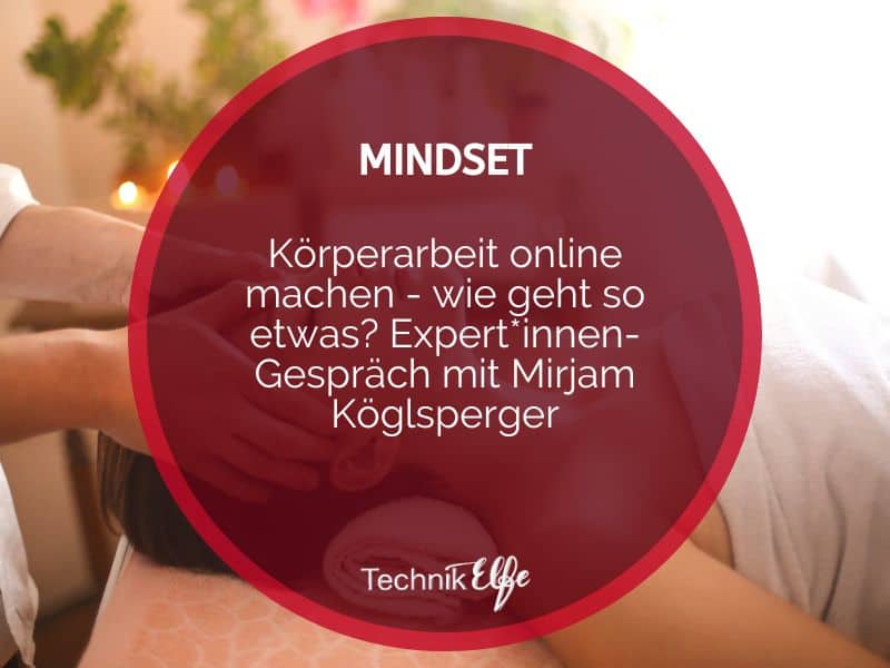 Rote kreisförmige Grafik mit Text zu Körperarbeit online und Expert*innen-Gespräch mit Mirjam Köglsperger
