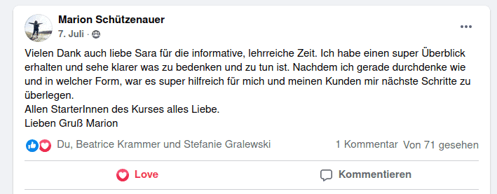 Facebook-Post von Marion Schützenauer mit Dankestext für informativen Kurs