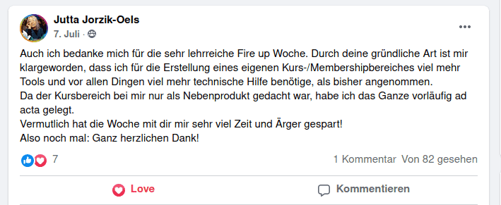 Facebook-Post von Jutta Jorzik-Oels mit Dankestext für technische Hilfe