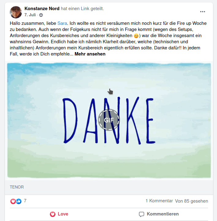 Facebook-Post von Konstanze Nord mit Dankestext und DANKE-Grafik als Testimonial