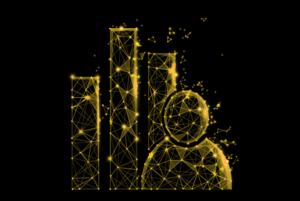 Goldene Netzwerk-Grafik mit Balkendiagramm und Lupe auf schwarzem Hintergrund