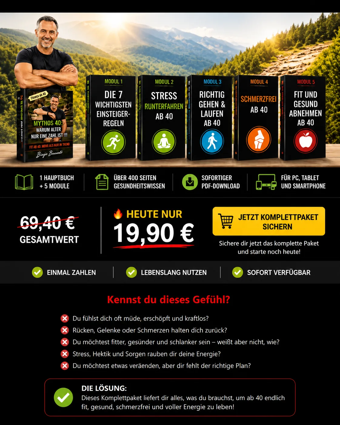 Verkaufsseite Fit ab 40 Komplettpaket mit 5 Modulen, Preis 19,90 Euro und Mann in schwarzem T-Shirt vor Berglandschaft