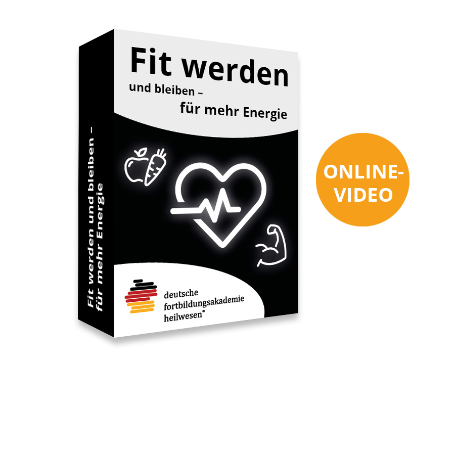 Fit werden und bleiben für mehr Energie – Fitness-Videokurs 1 Produktbox des Videokurses Fit werden und bleiben für mehr Energie mit Neon-Icons für Ernährung, Herzschlag und Fitness