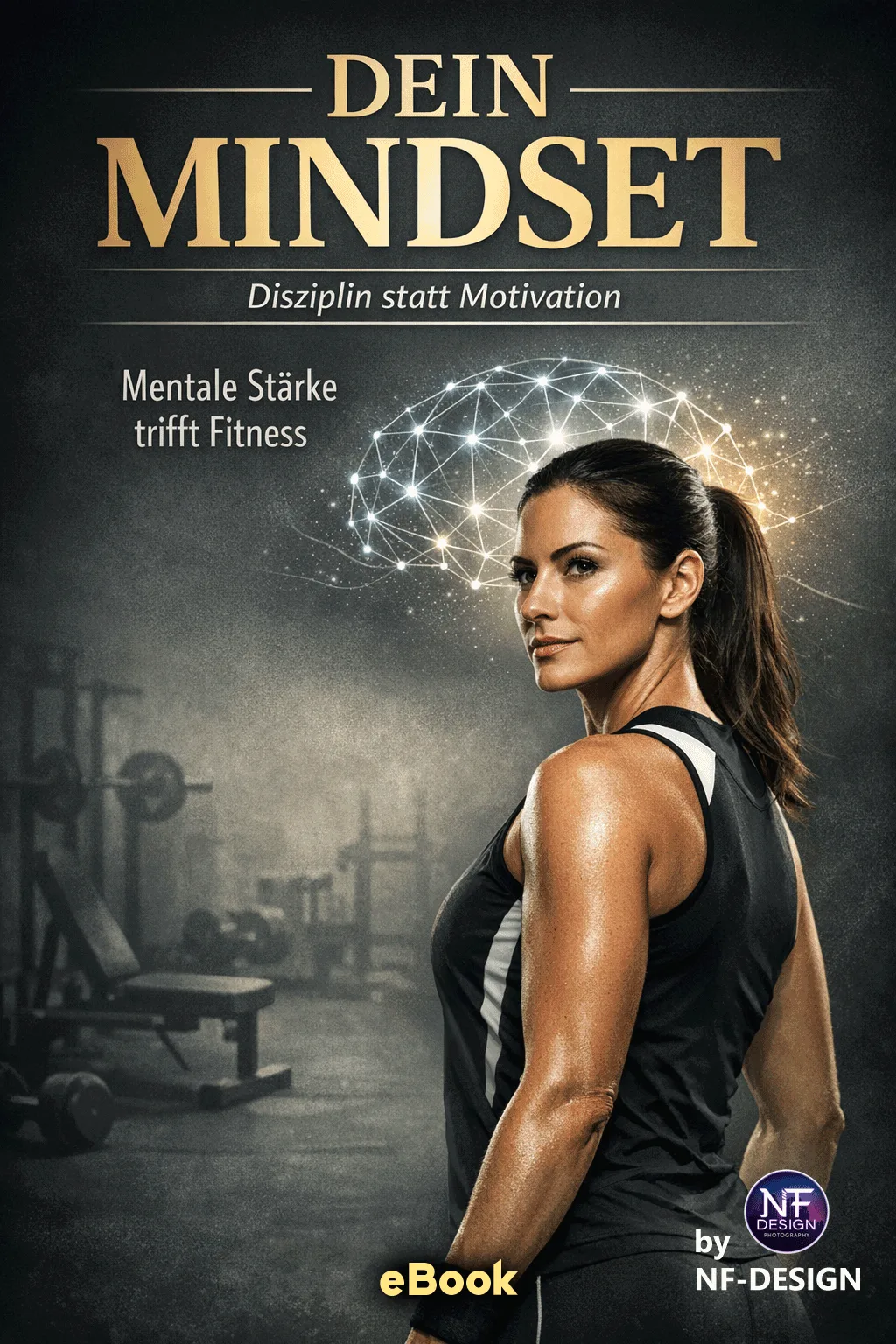 Fitness Bundle – Deine 4 eBooks zum Erfolg 5 eBook-Cover Dein Mindset: Trainierte Frau mit glühender Gehirn-Grafik auf dunklem Gym-Hintergrund