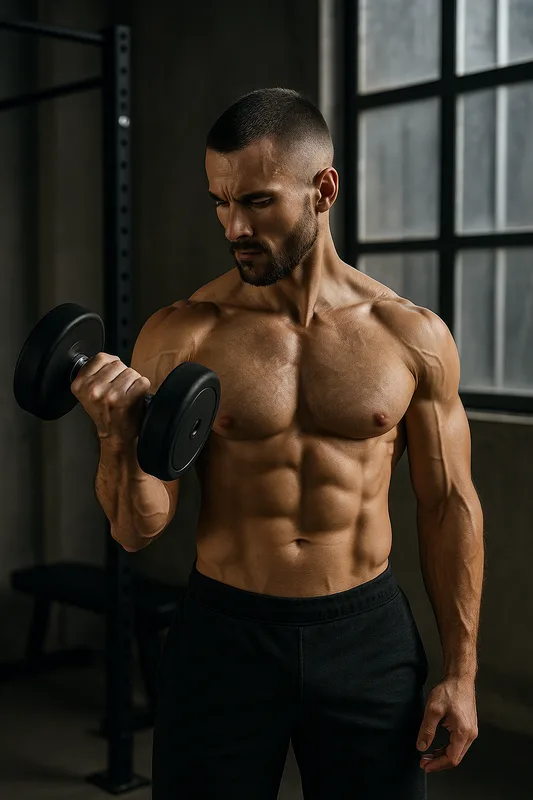 Muskulöser Mann mit Hantel beim Krafttraining im Fitnessstudio