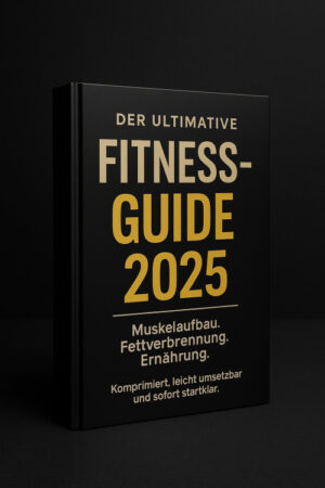 Buchcover Der Ultimative Fitness-Guide 2025 mit goldenem Text auf schwarzem Hintergrund