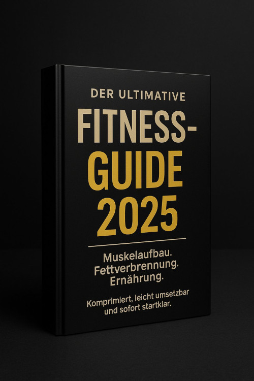 Buchcover Der Ultimative Fitness-Guide 2025 mit goldenem Text auf schwarzem Hintergrund