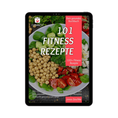 Fitness Rezepte 101 – 100+ Gesunde Fitness Rezepte Kochbuch 2 Fitness Kochbuch 101 Fitness Rezepte auf Tablet-Mockup mit Fitness-Bowl