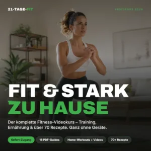 21-Tage-Fit Kurscoverdas Fitnesstraining für zu Hause mit trainierender Frau im hellen Wohnzimmer