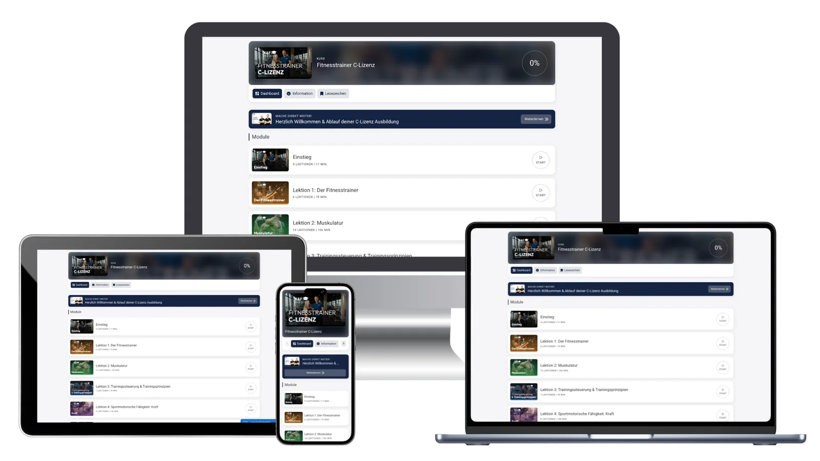 Lernplattform-Interface auf Tablet, Smartphone und Laptop mit Kurs Fitnesstrainer C-Lizenz und Modulliste