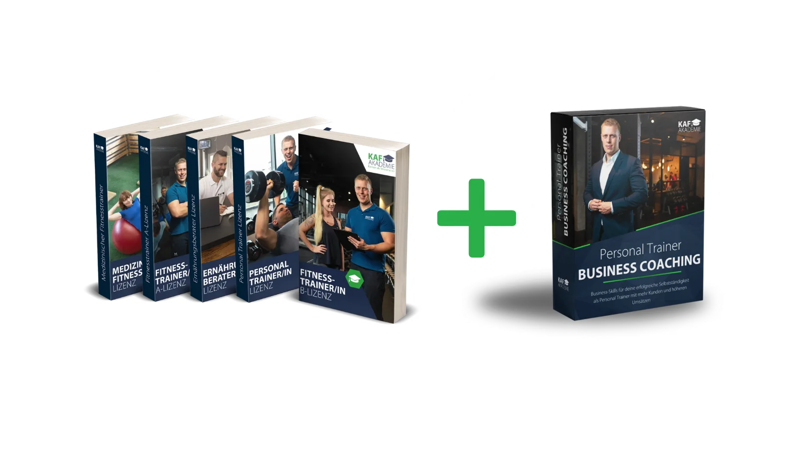 All in One Paket 1 mit fünf Fitnesstrainer-Lizenzbüchern und Business Coaching Box, grünes Pluszeichen dazwischen