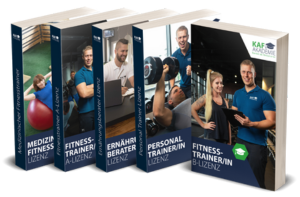 Fünf Fitnesstrainer-Lizenzbücher nebeneinander, Miniaturversion des Pakets