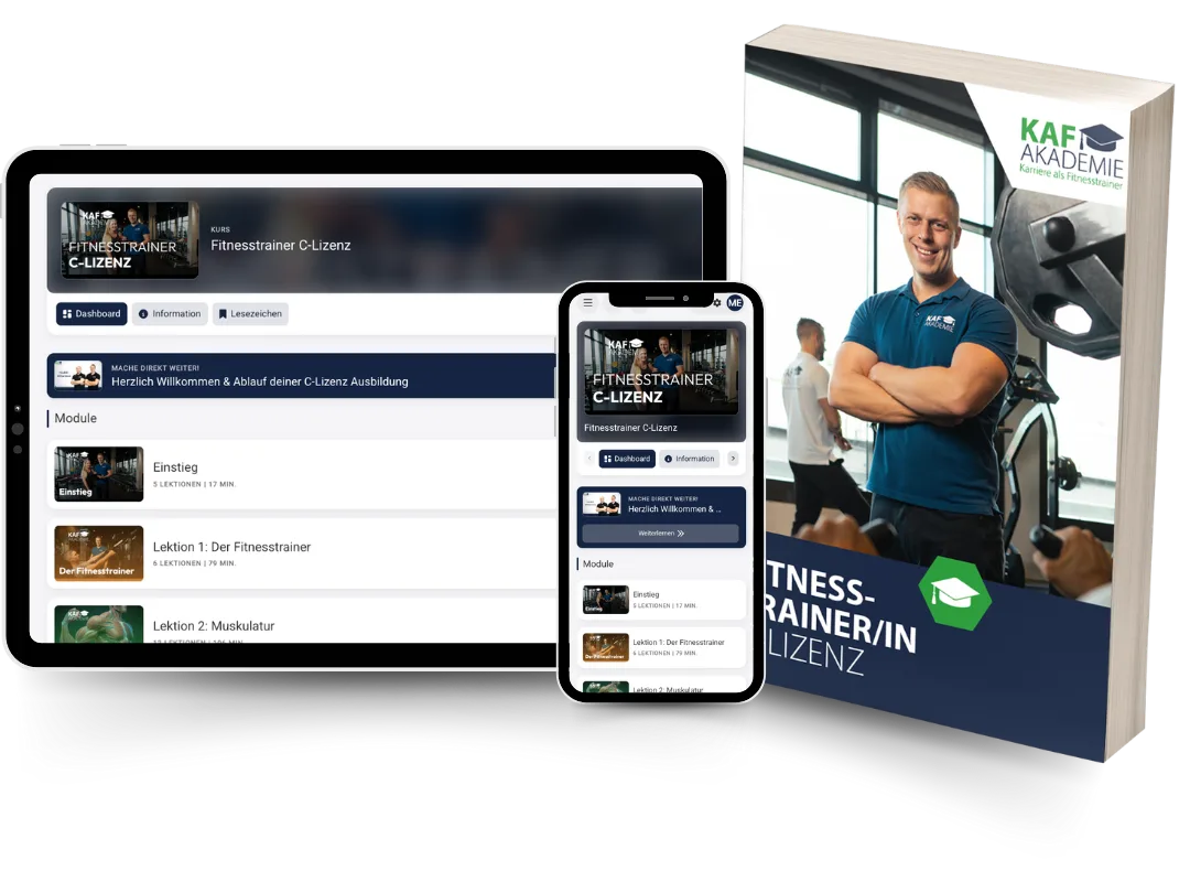 Fitnesstrainer C-Lizenz Mockup auf Tablet und Smartphone mit Lernplattform-Interface, daneben geöffnetes Lizenzbuch