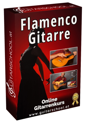 Produktbox Flamenco Gitarre Online-Gitarrenkurs mit Silhouette eines Flamencotänzers und Gitarrenfotos