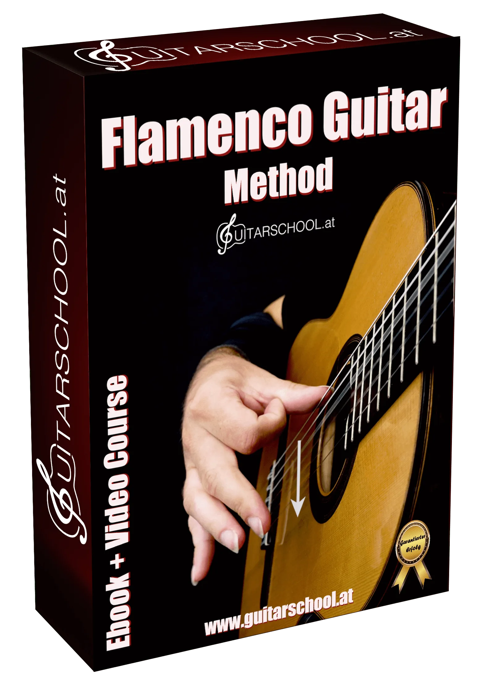 Flamenco Guitar Method Produktbox mit Gitarre und Händen eines Spielers