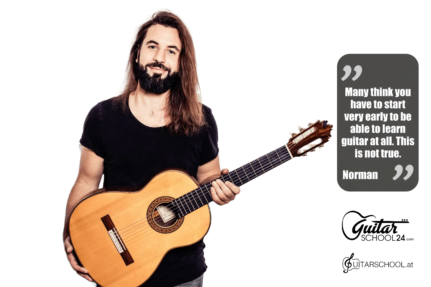 Porträt des Gitarrenlehrers Norman mit Klassikgitarre und Zitat