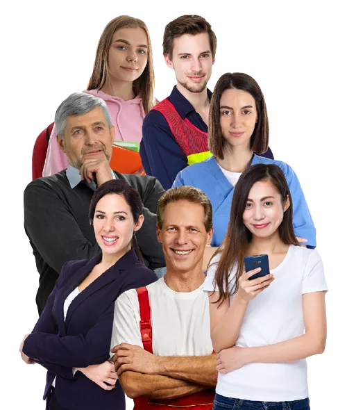 Diverse Gruppe von sieben Personen verschiedener Altersgruppen und Berufe
